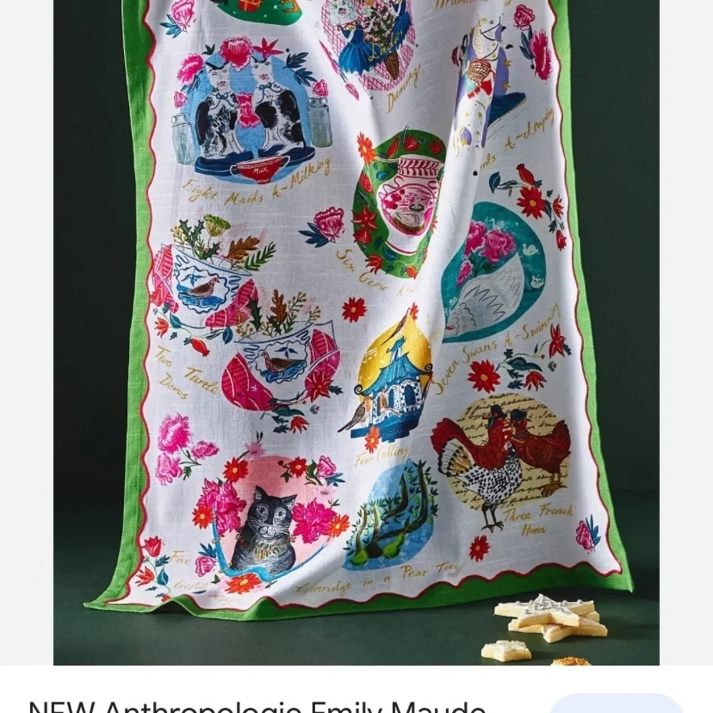 Anthropologie Emily Maude 12 days of Christmas kitchen dish towel new unused